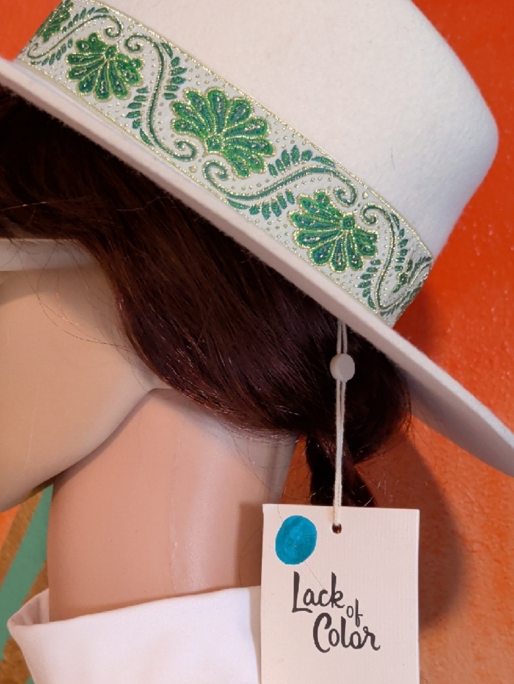 Off White Felt Wide Brim Hat with Green and Gold Embroidered Band - Picture 4 of 6